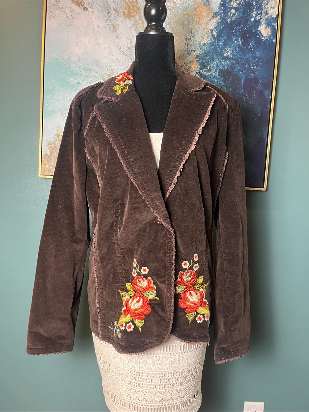 Vintage Y2K Corduroy Blazer with Rose Embroidery